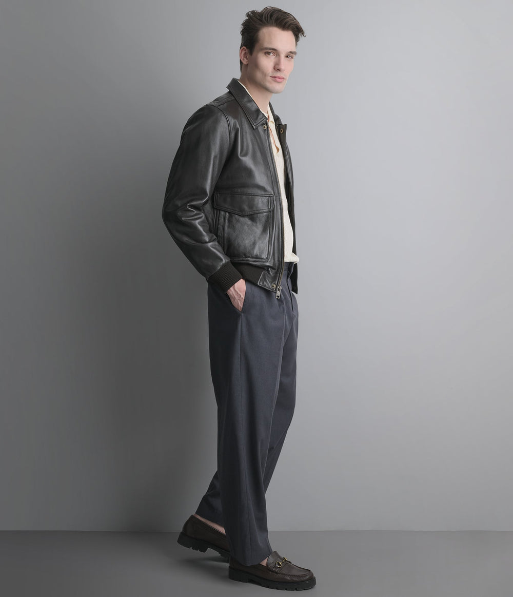 Halston brown leather bomber jacket, side view — OX & ARMOUR