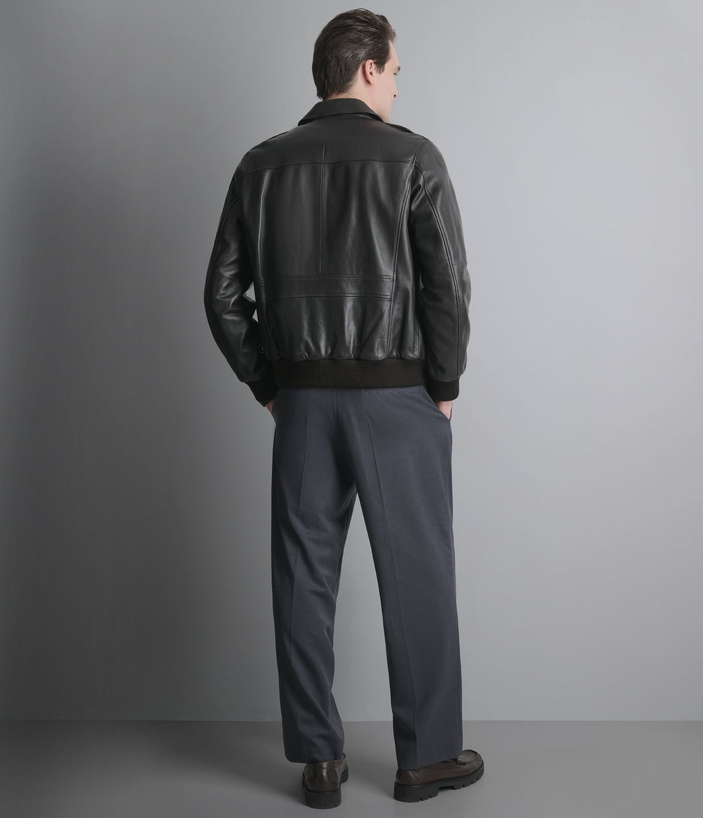 Halston brown leather bomber jacket, back view — OX & ARMOUR