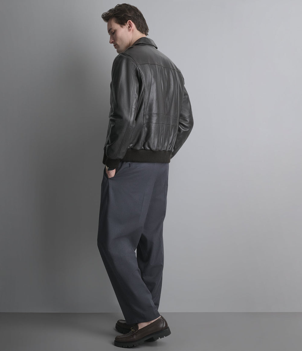 Halston brown leather bomber jacket, detail view — OX & ARMOUR