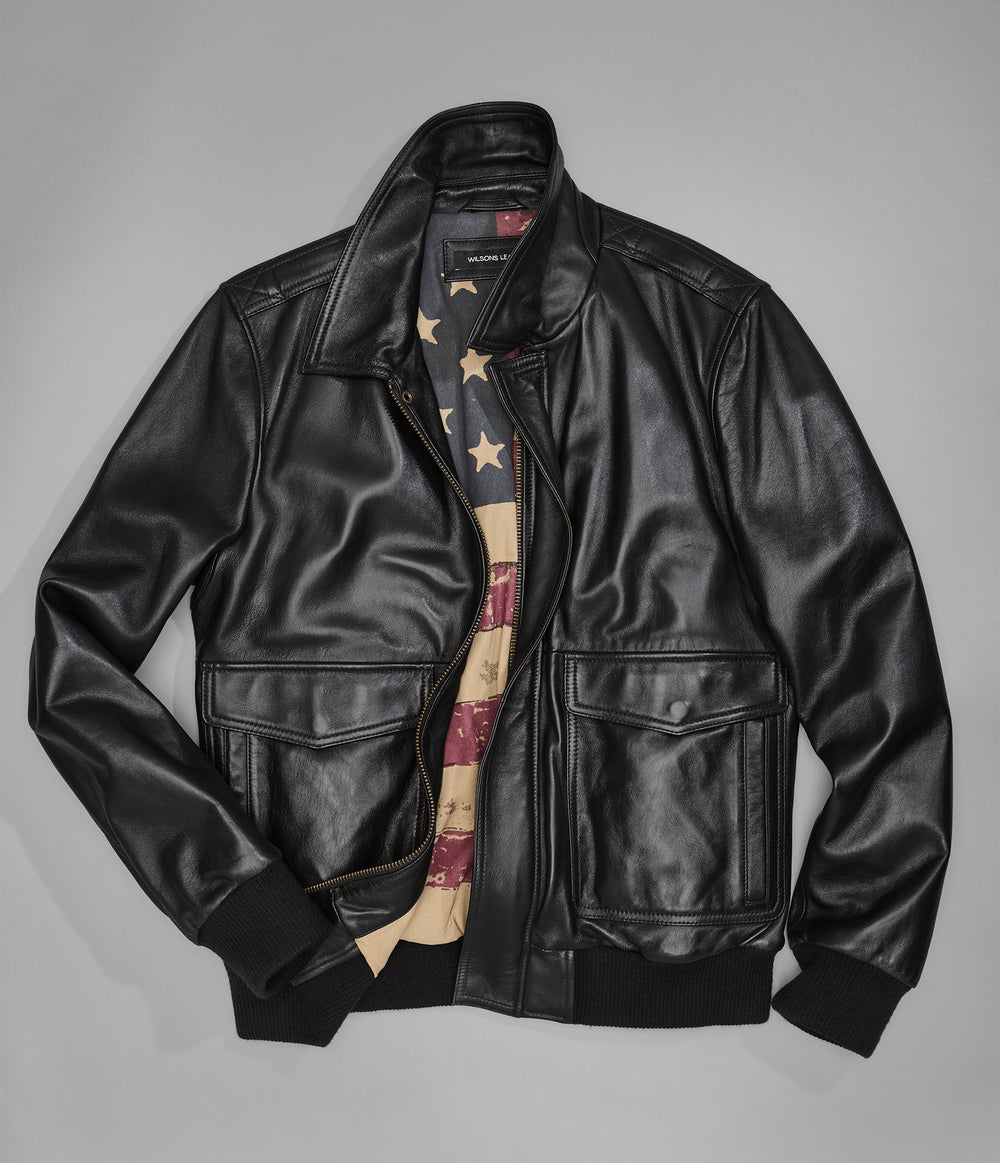 Halston brown leather bomber jacket, front view — OX & ARMOUR