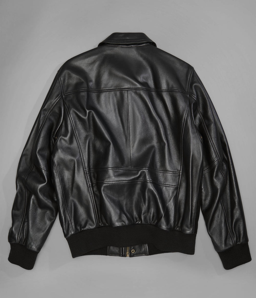 Halston brown leather bomber jacket, back view — OX & ARMOUR