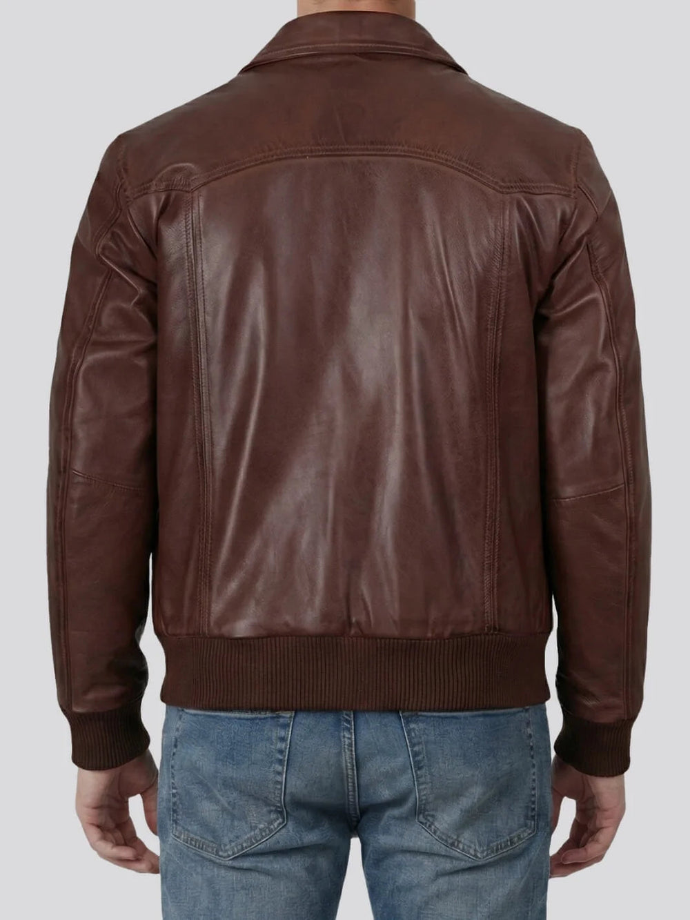 Hayes brown leather bomber jacket, back view — OX & ARMOR