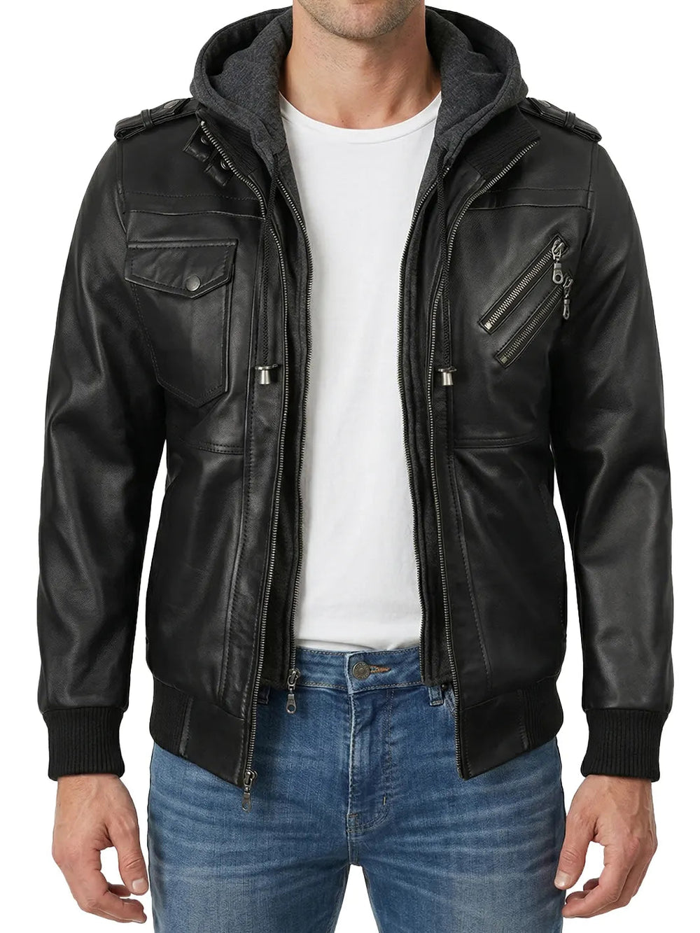 Jarvis black leather bomber jacket with removable hood, front view — OX & ARMOR