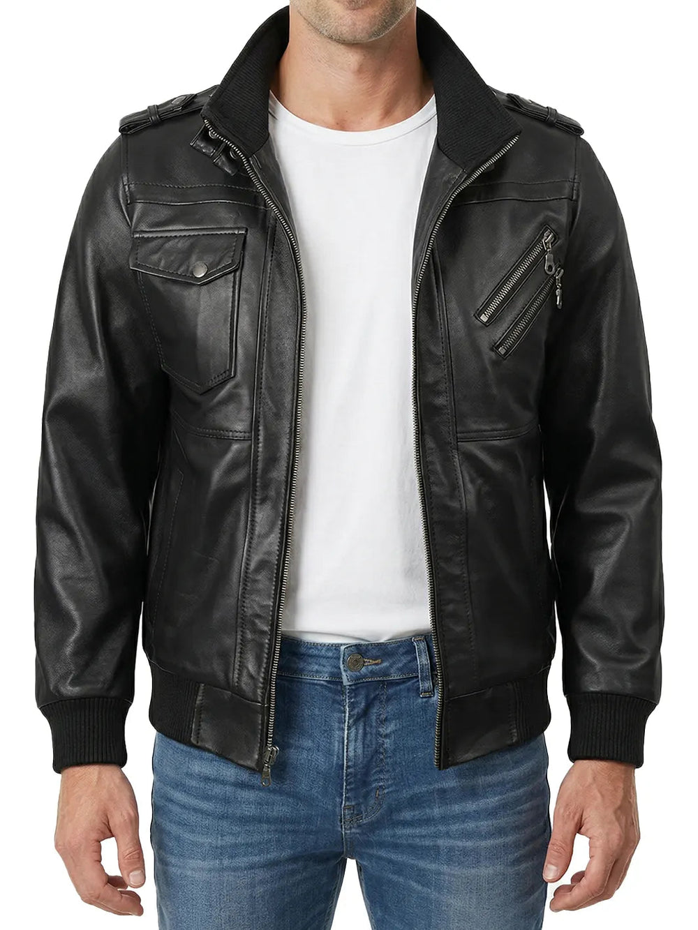 Jarvis black leather bomber jacket with removable hood, detail view — OX & ARMOR
