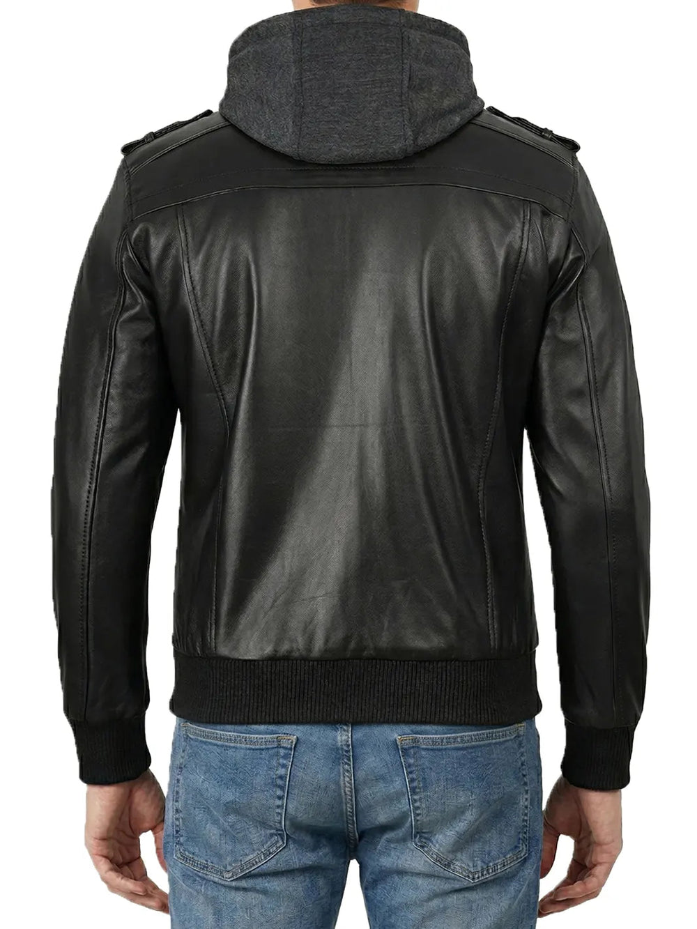 Jarvis black leather bomber jacket with removable hood, back view — OX & ARMOR