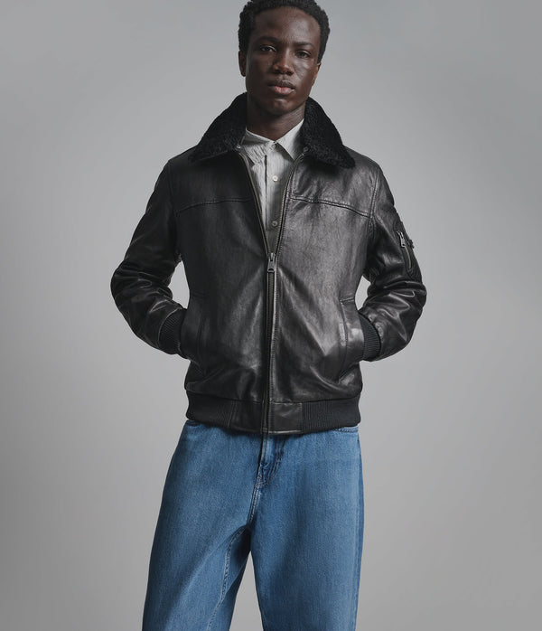 Kingsley Black Leather Bomber Jacket with Shearling Collar