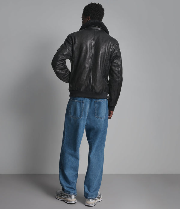 Kingsley Black Leather Bomber Jacket with Shearling Collar