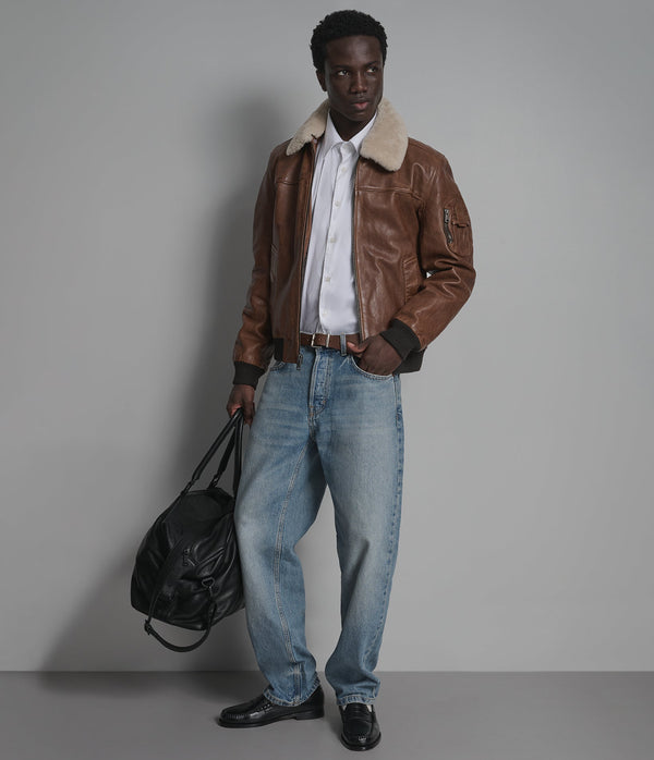 Kingsley Cognac Leather Bomber Jacket with Shearling Collar