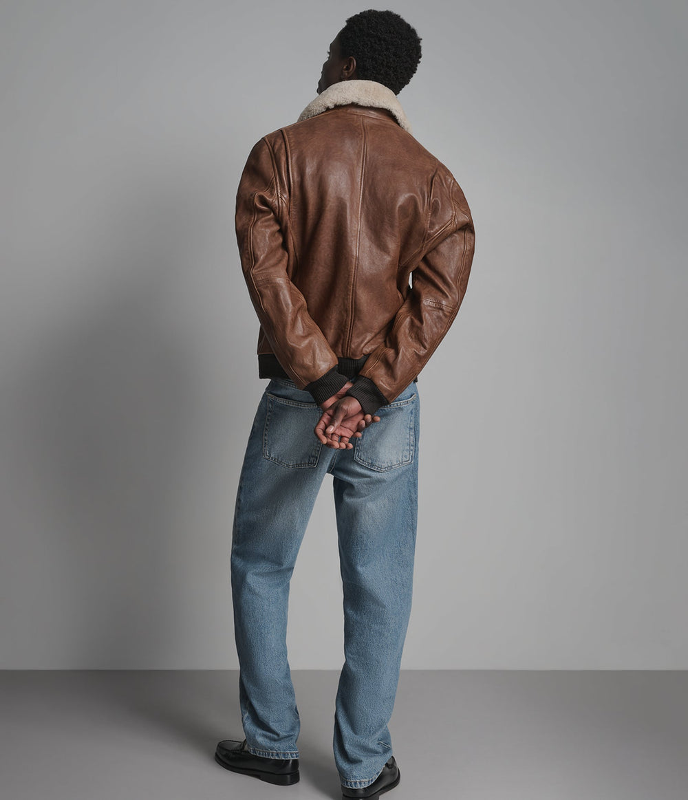 Kingsley cognac leather bomber jacket with shearling collar, back view — OX & ARMOUR