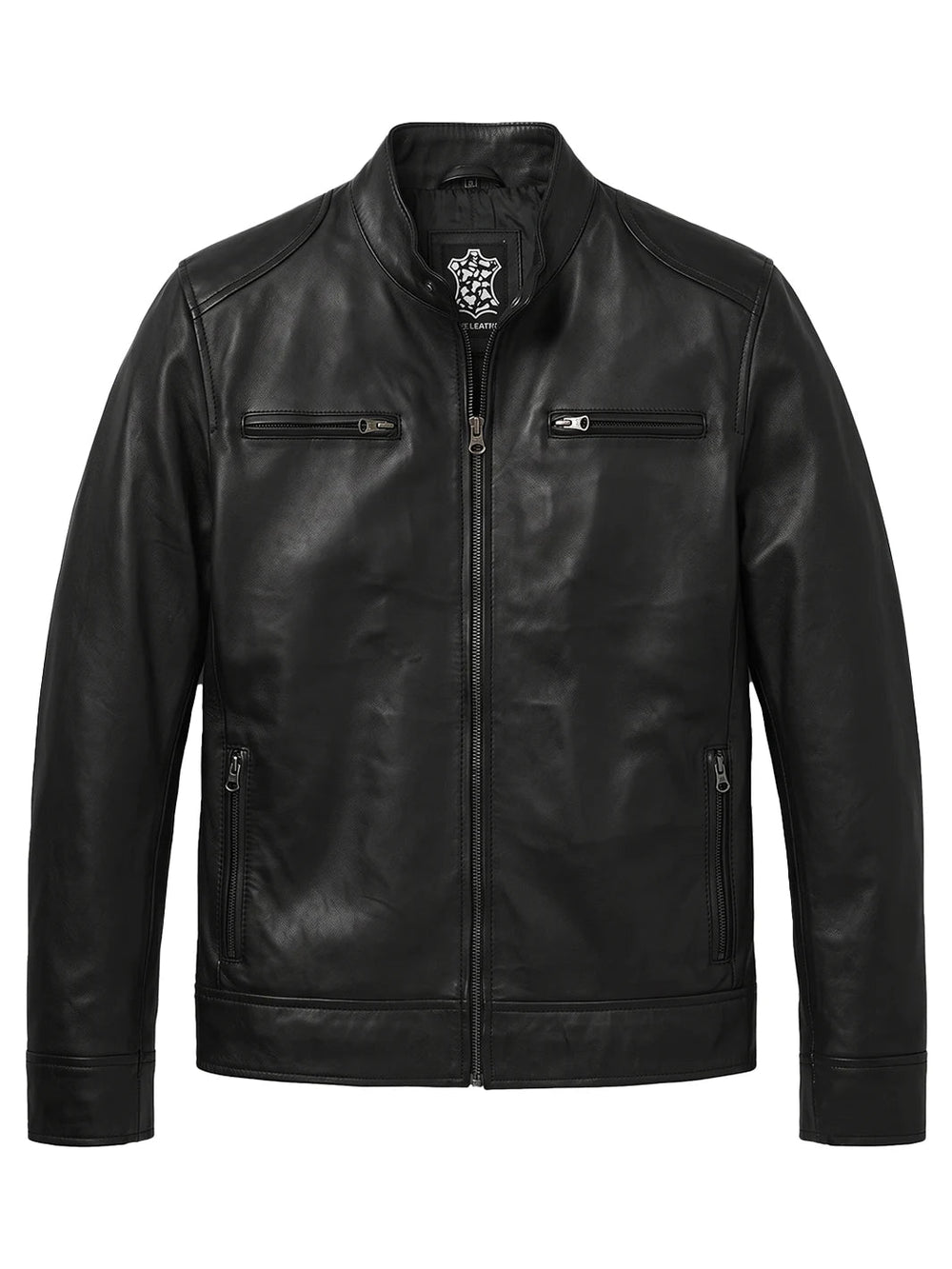 Knox black leather cafe racer jacket, detail view — OX & ARMOR