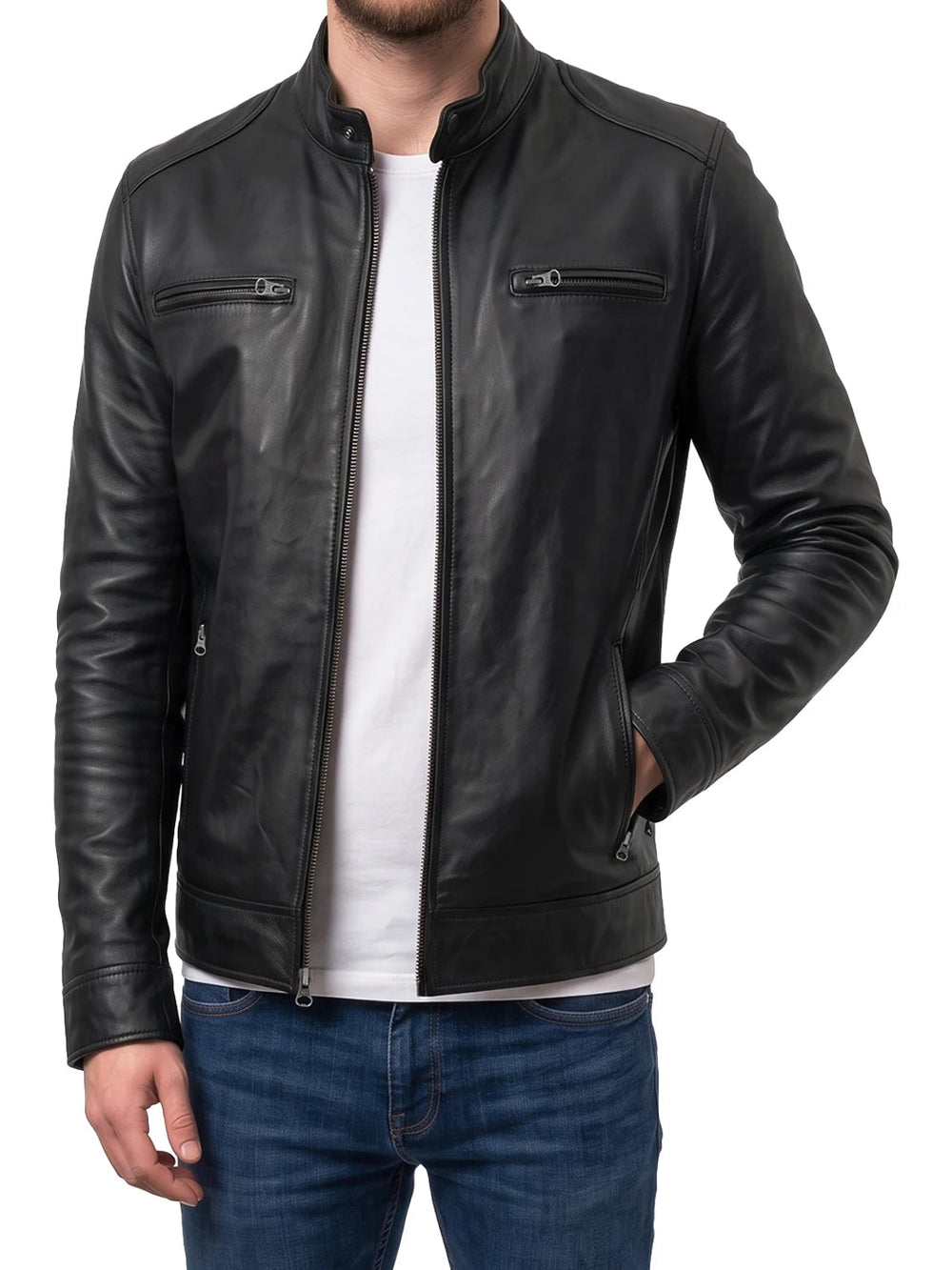 Knox black leather cafe racer jacket, front view — OX & ARMOR