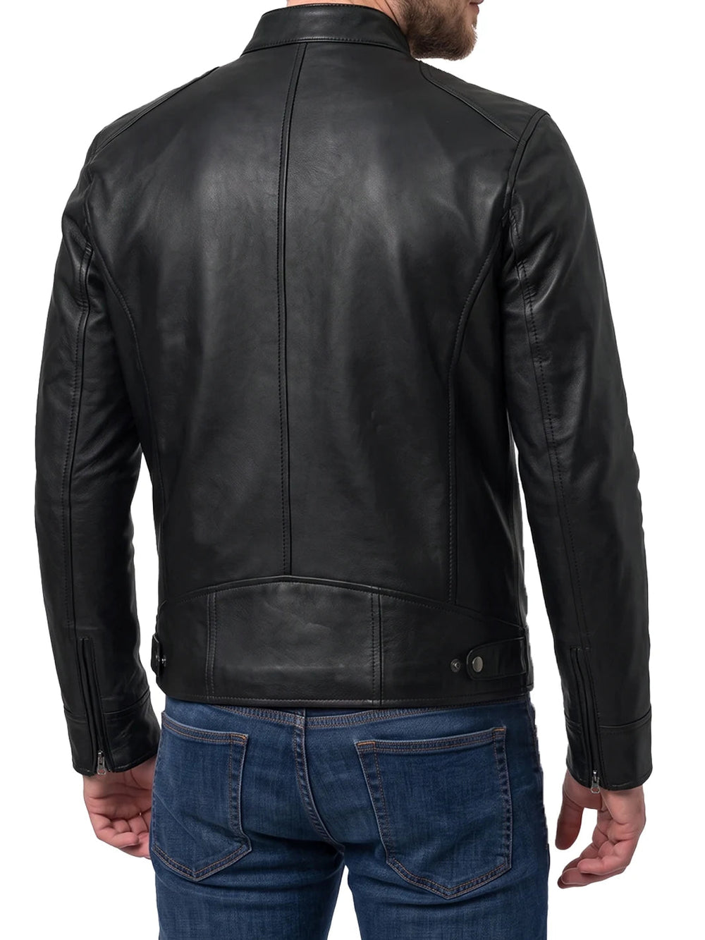 Knox black leather cafe racer jacket, side view — OX & ARMOR