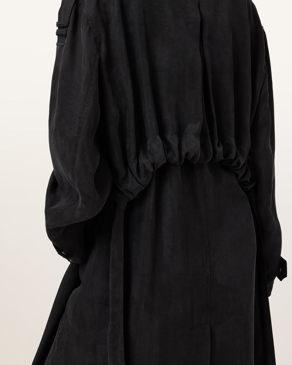 Margot black lightweight trench coat, back view — OX & ARMOR
