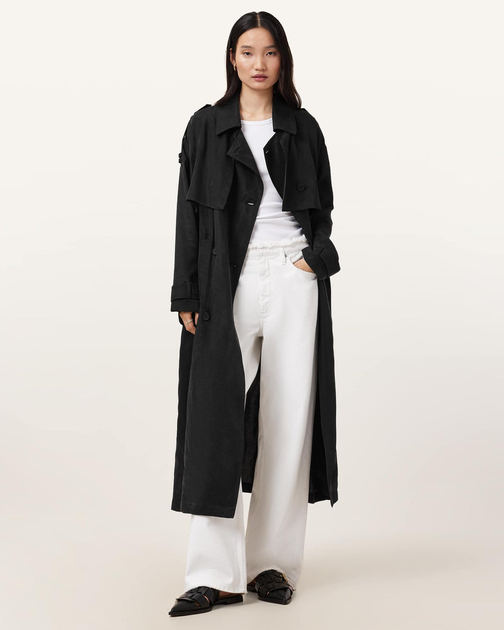Margot black lightweight trench coat, detail view — OX & ARMOR