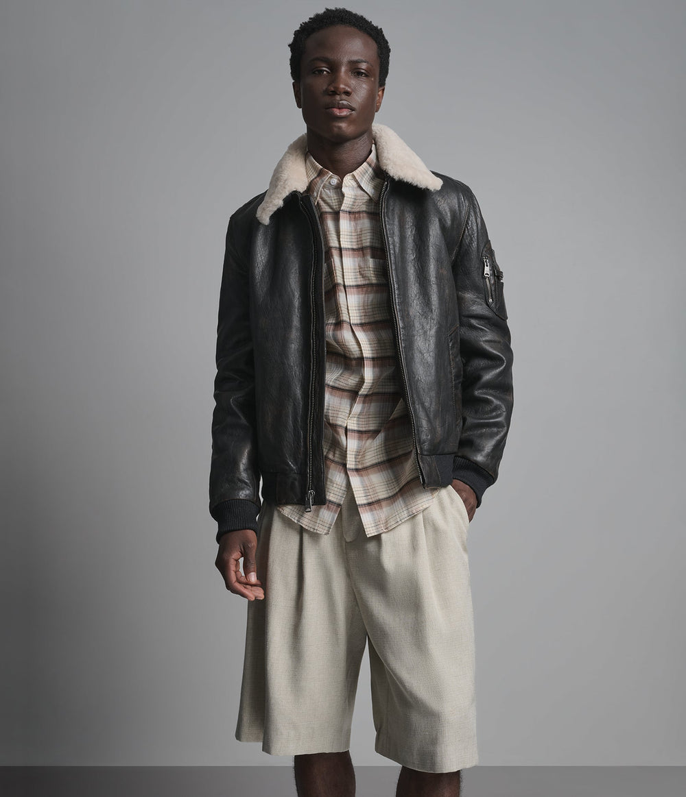 Marlowe brown leather aviator jacket with shearling collar, front view — OX & ARMOUR