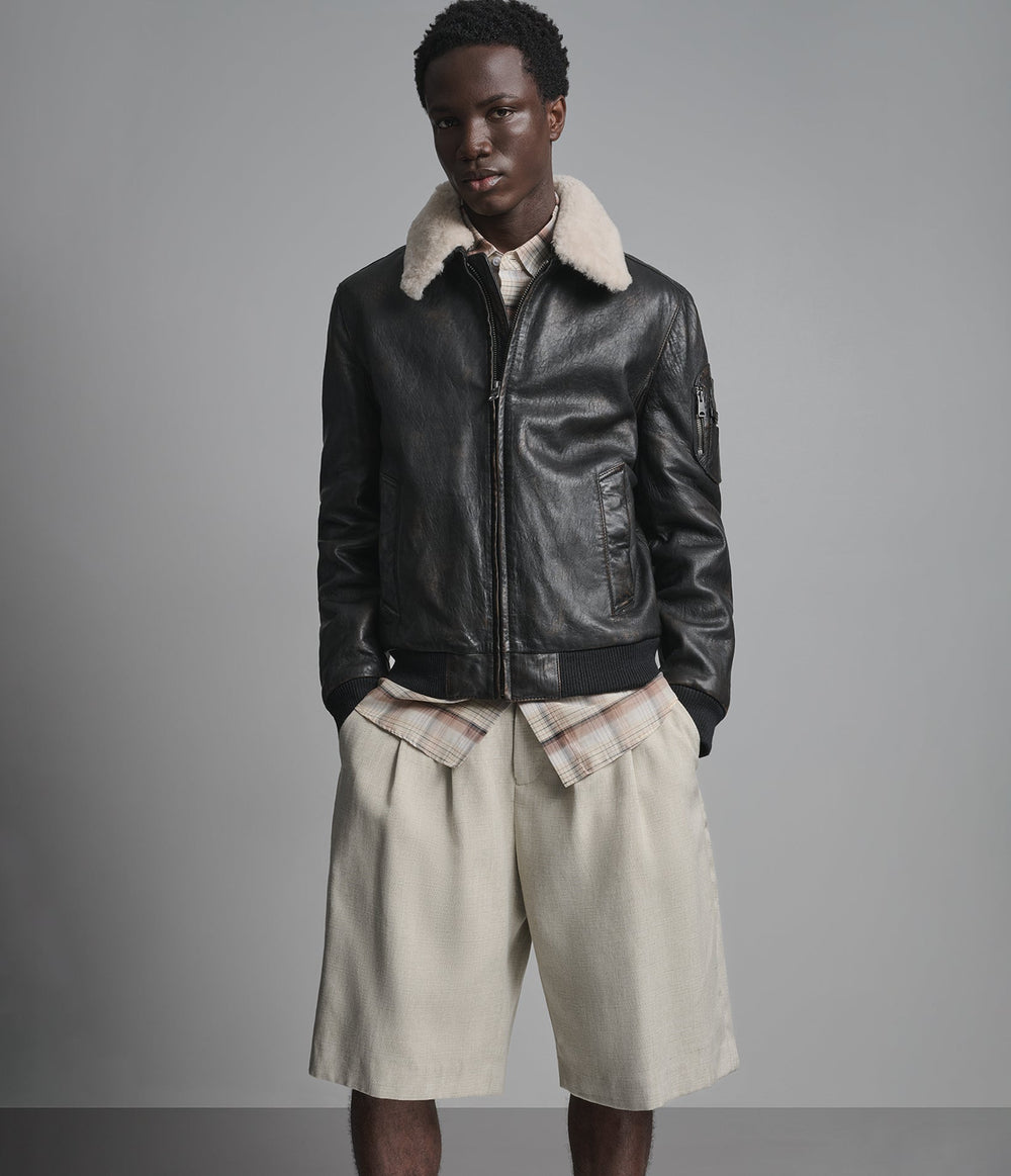 Marlowe brown leather aviator jacket with shearling collar, detail view — OX & ARMOUR