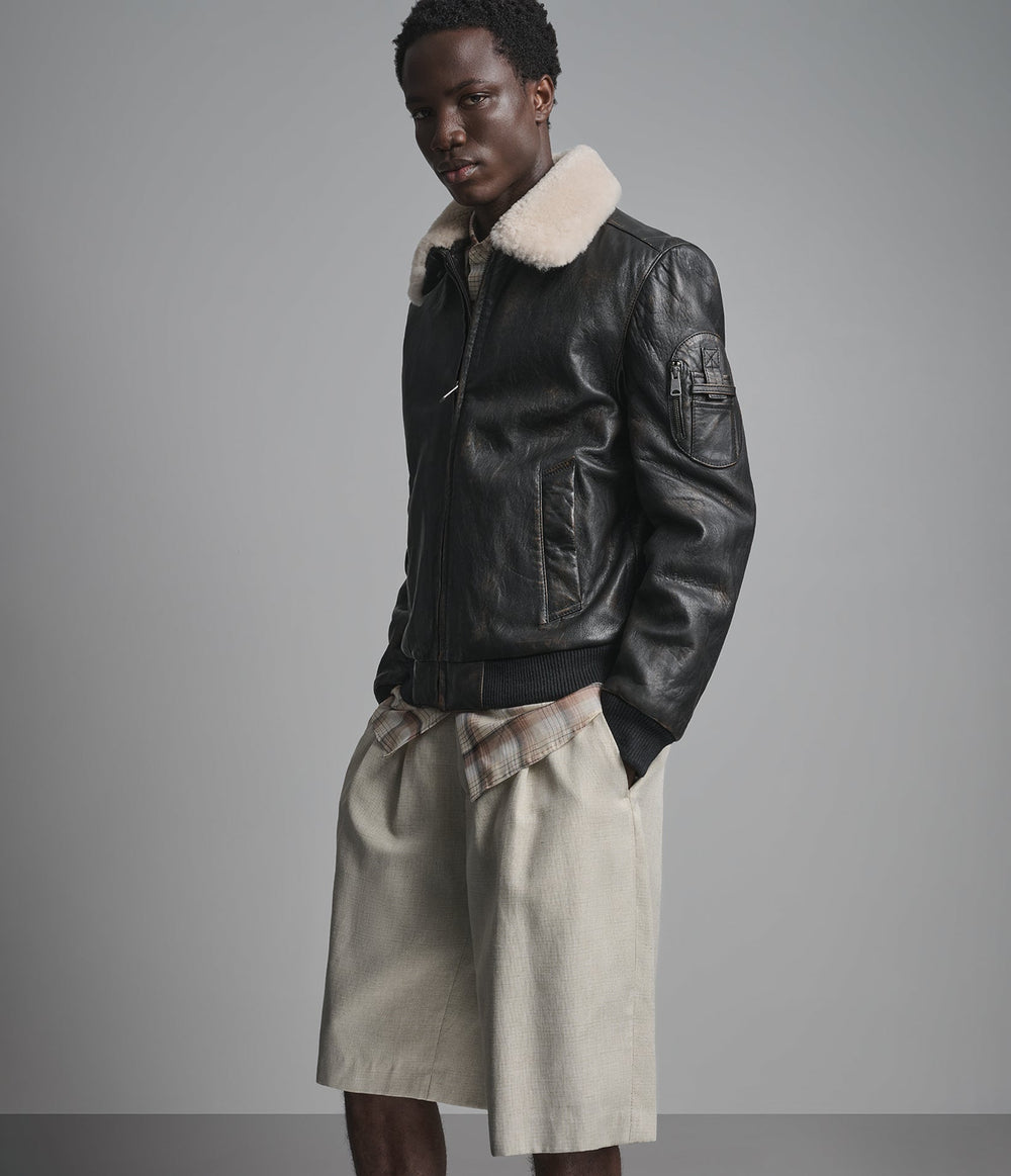 Marlowe brown leather aviator jacket with shearling collar, side view — OX & ARMOUR