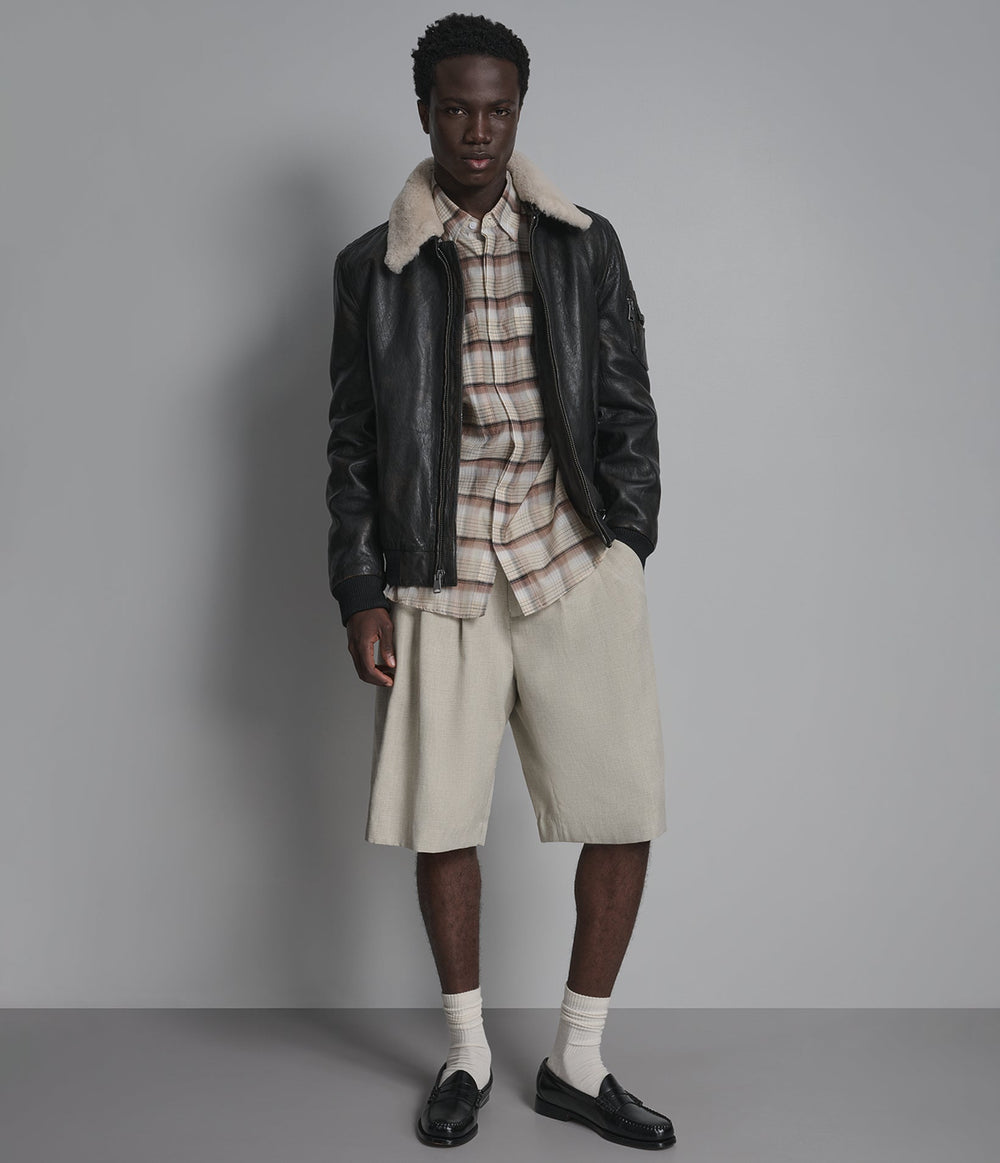 Marlowe brown leather aviator jacket with shearling collar, detail view — OX & ARMOUR