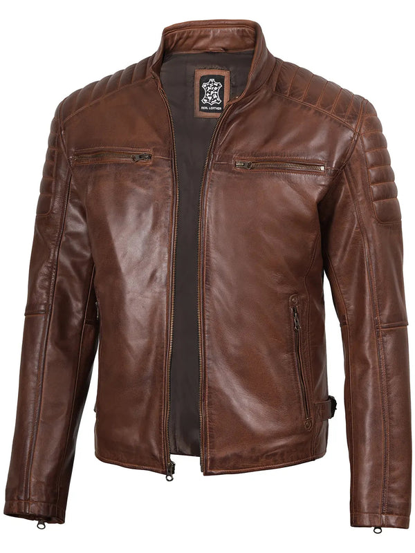 Miles Cognac Leather Cafe Racer Jacket