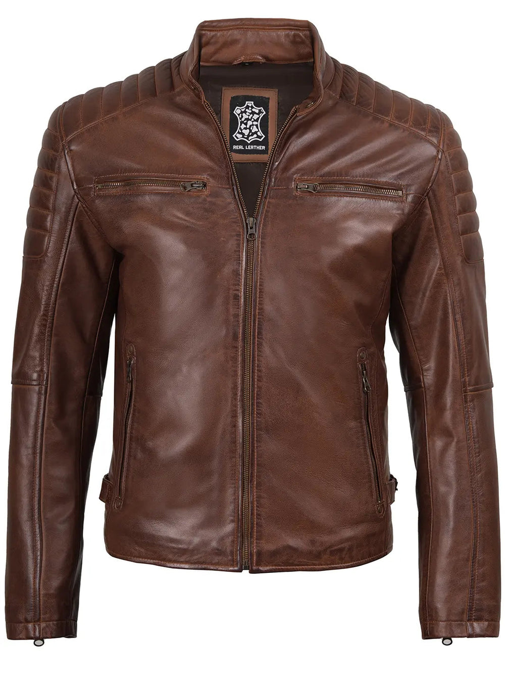 Miles cognac leather cafe racer jacket, side view — OX & ARMOR