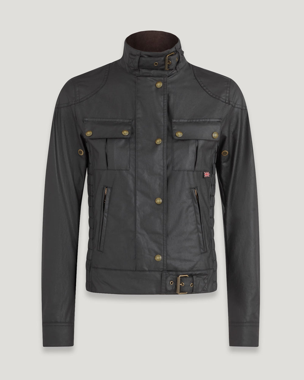 Nadia black waxed cotton biker jacket, front view — OX & ARMOR