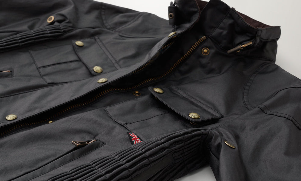 Nadia black waxed cotton biker jacket, detail view — OX & ARMOR