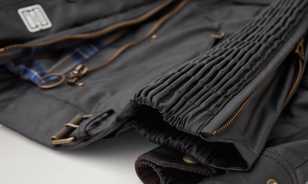 Nadia black waxed cotton biker jacket, detail view — OX & ARMOR