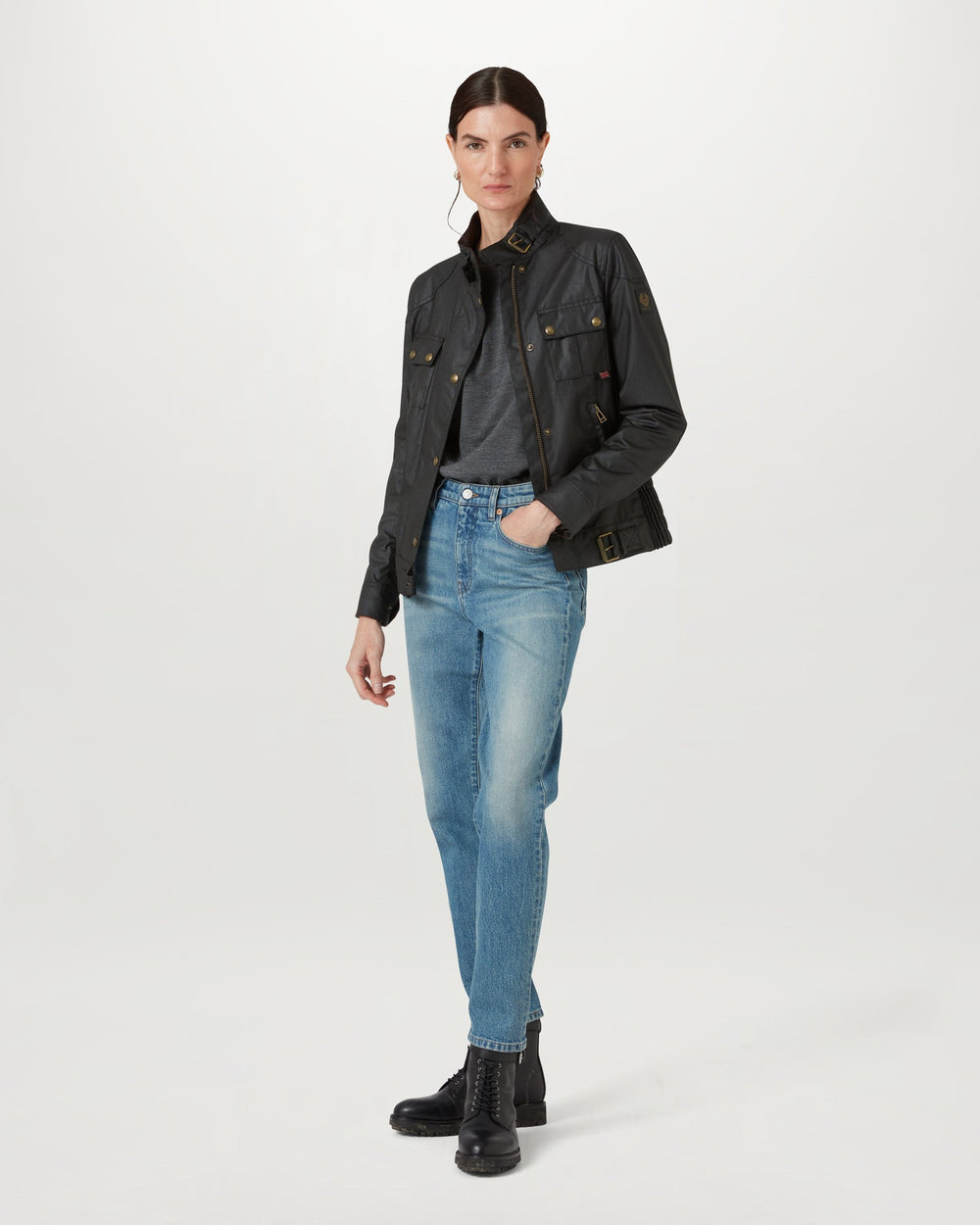 Nadia black waxed cotton biker jacket, side view — OX & ARMOR