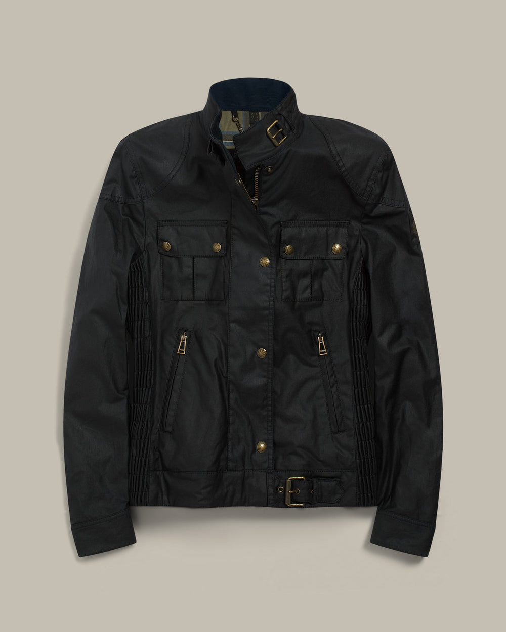 Nadia dark navy waxed cotton biker jacket, front view — OX & ARMOR