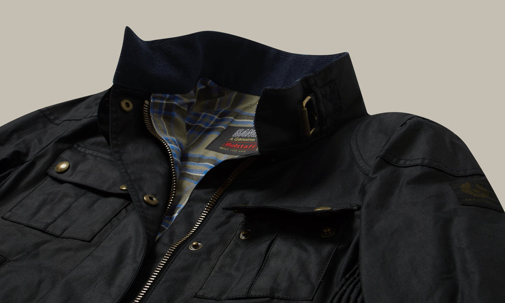Nadia dark navy waxed cotton biker jacket, back view — OX & ARMOR