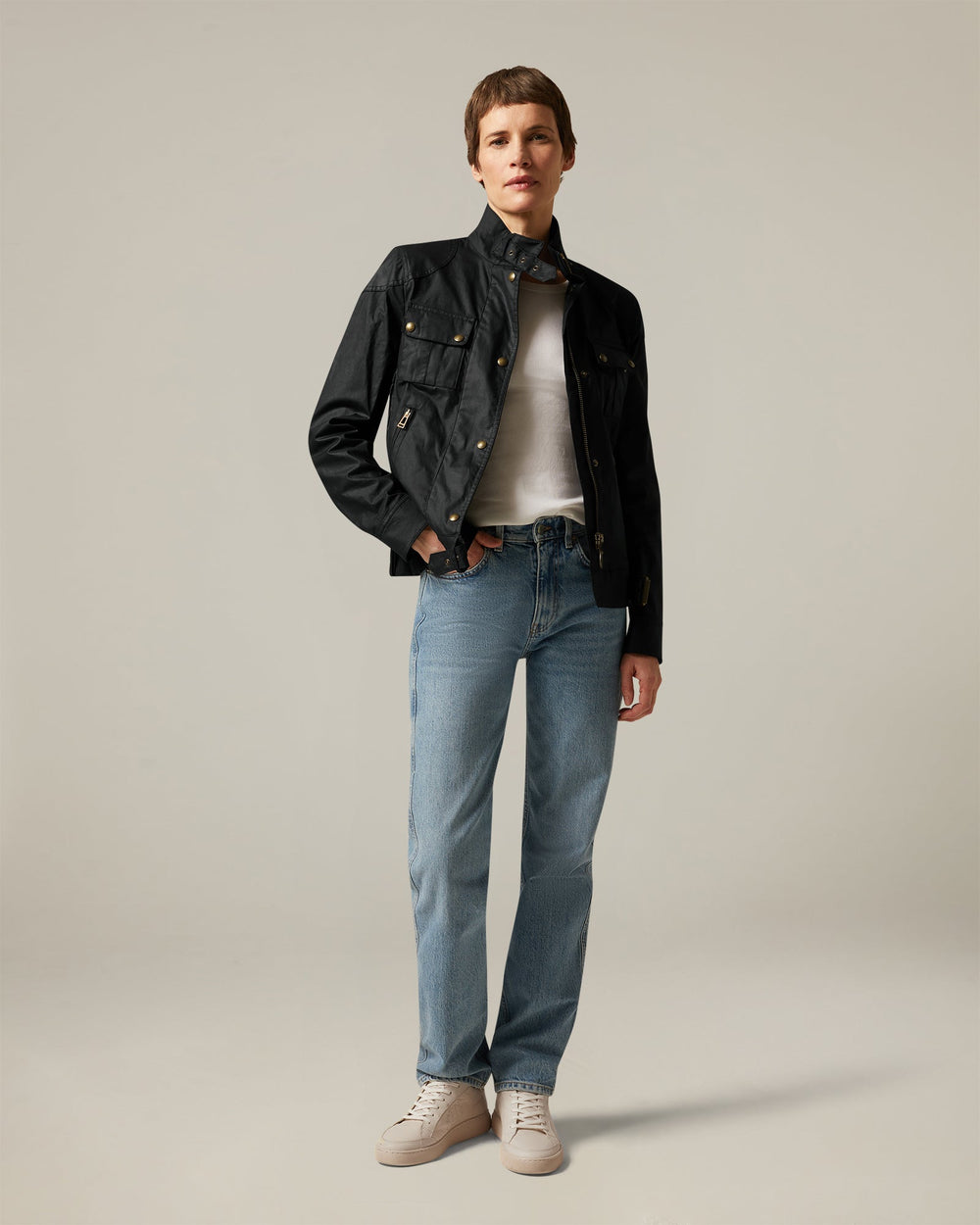 Nadia dark navy waxed cotton biker jacket, detail view — OX & ARMOR