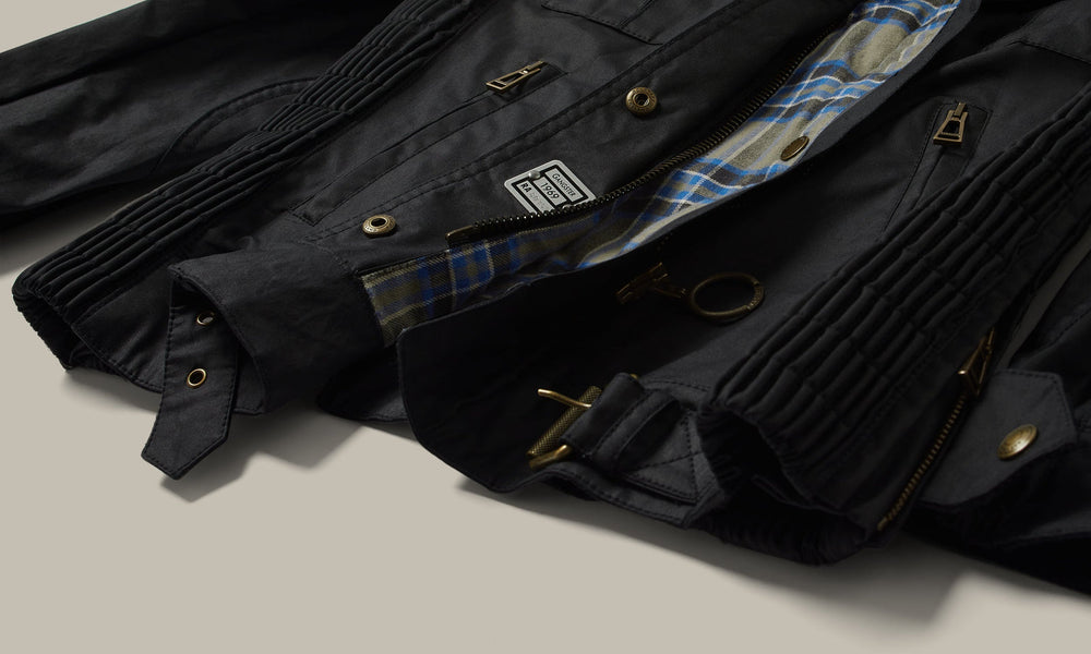 Nadia dark navy waxed cotton biker jacket, detail view — OX & ARMOR