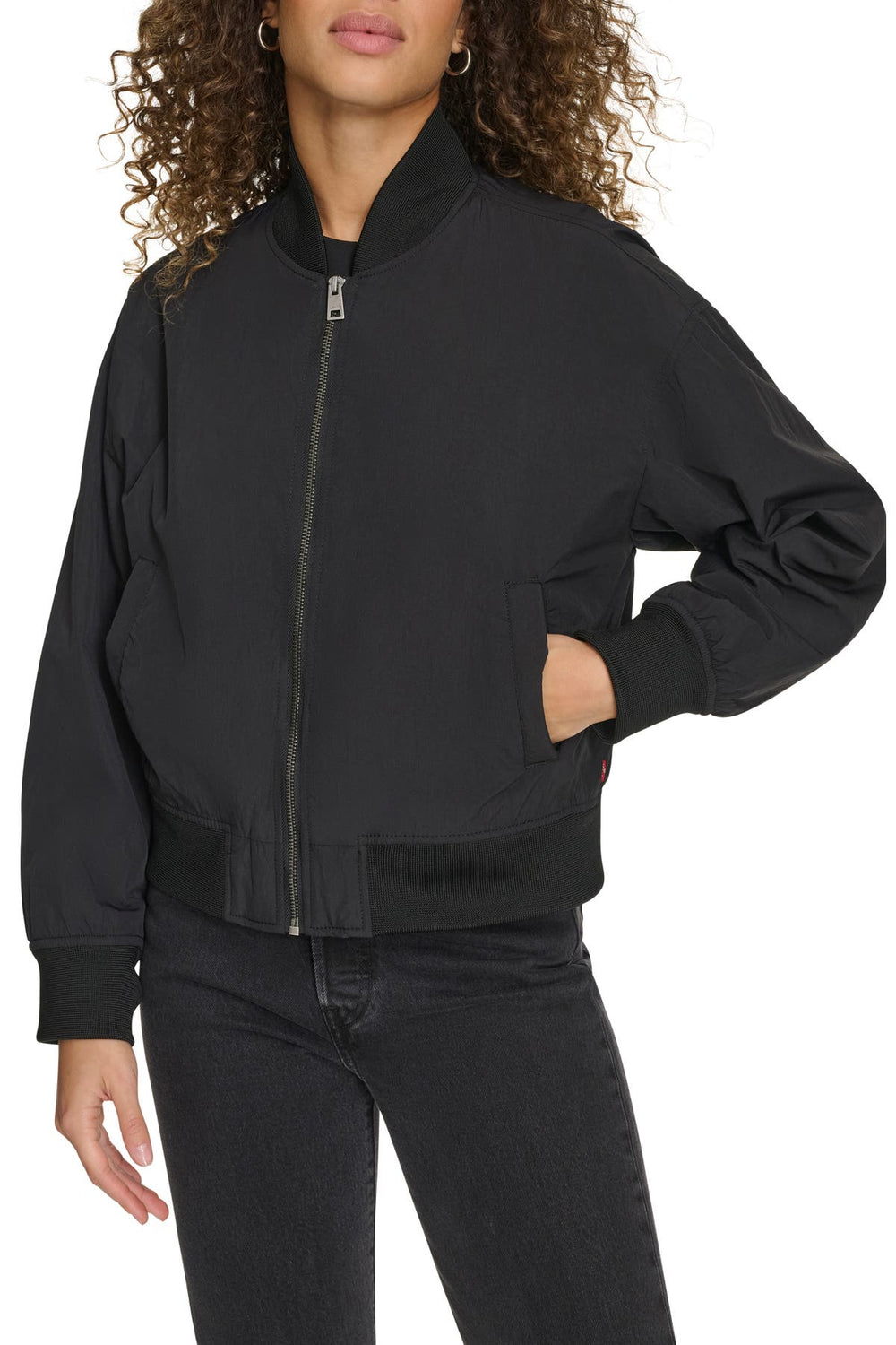 Nova black nylon bomber jacket, front view — OX & ARMOR