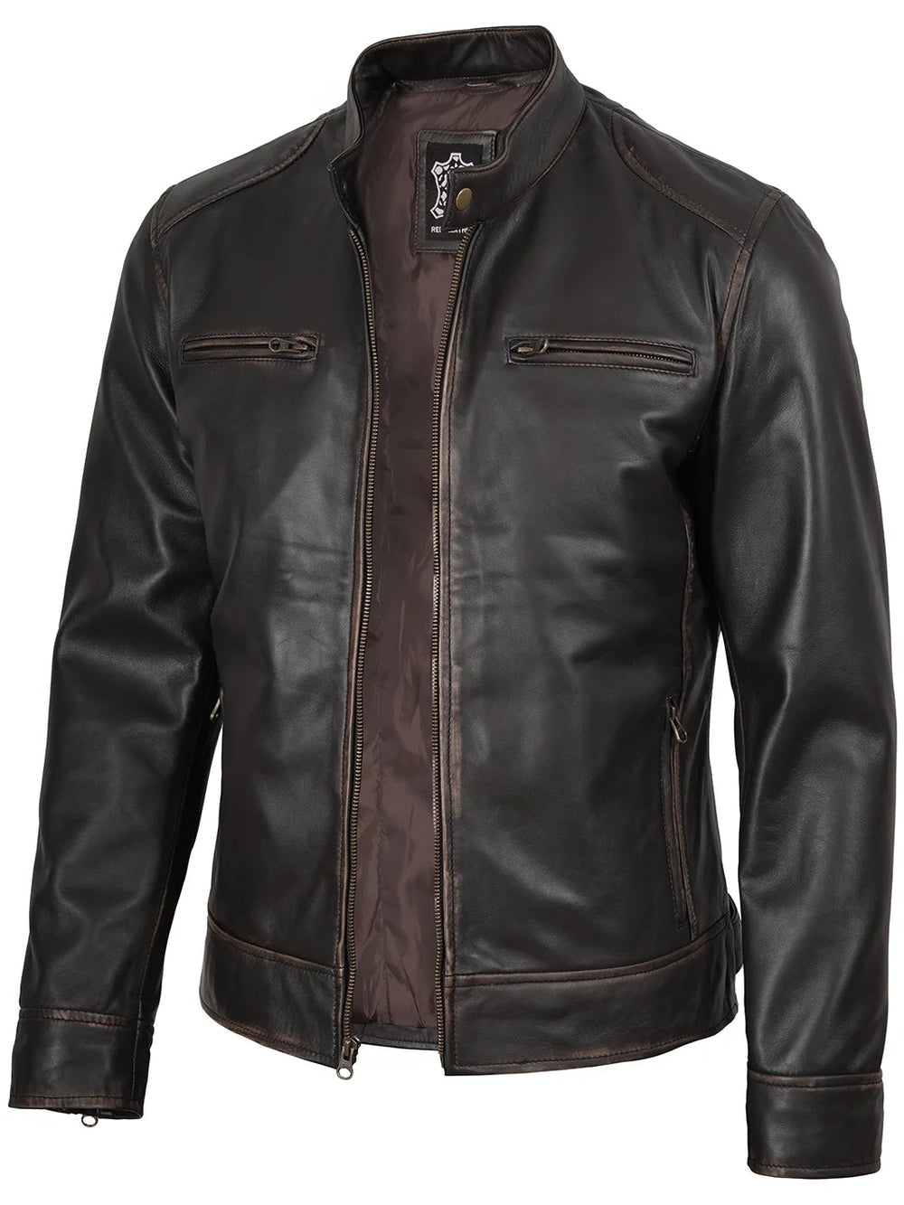 Rhett dark brown leather biker jacket, front view — OX & ARMOR