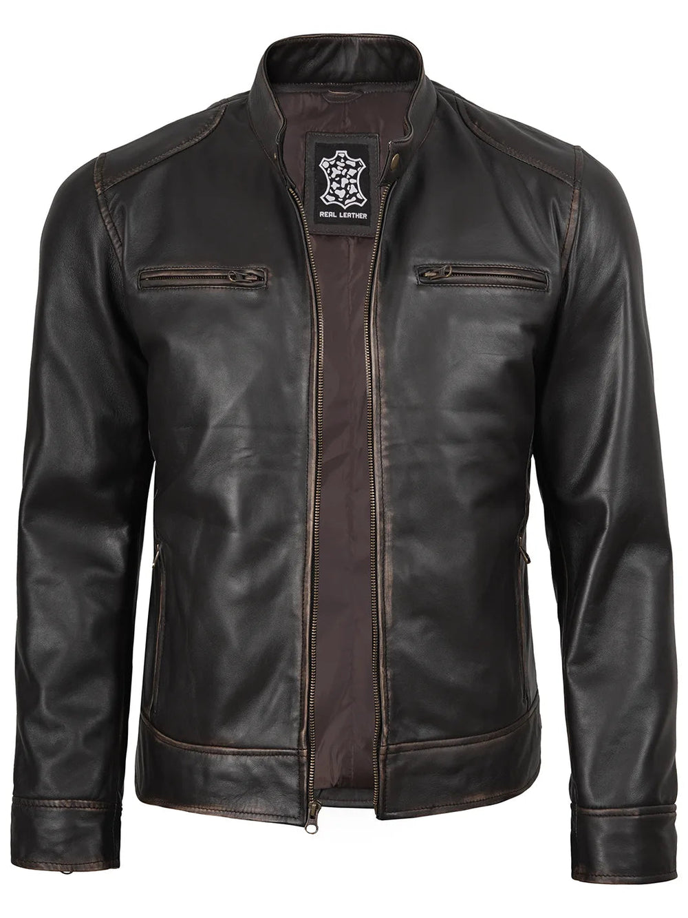 Rhett dark brown leather biker jacket, front view — OX & ARMOR