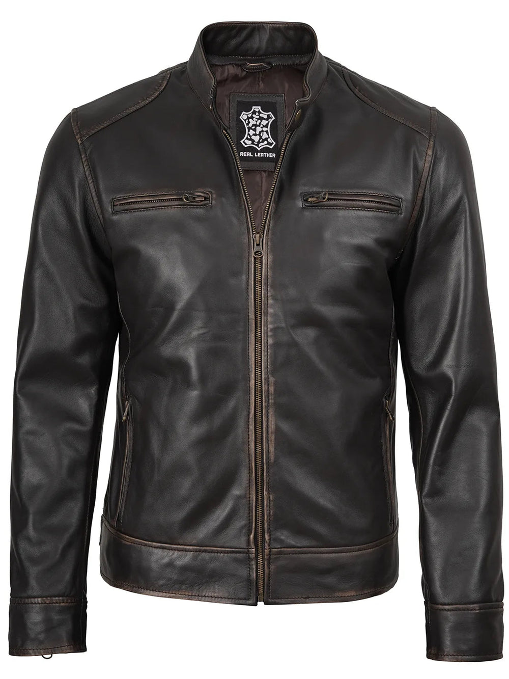 Rhett dark brown leather biker jacket, detail view — OX & ARMOR