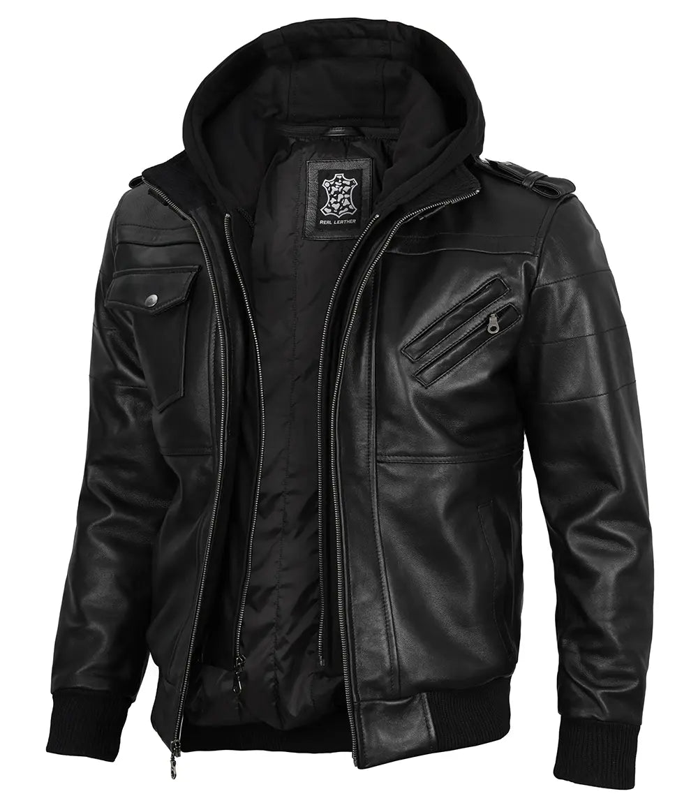 Ronan black hooded leather jacket, front view — OX & ARMOR