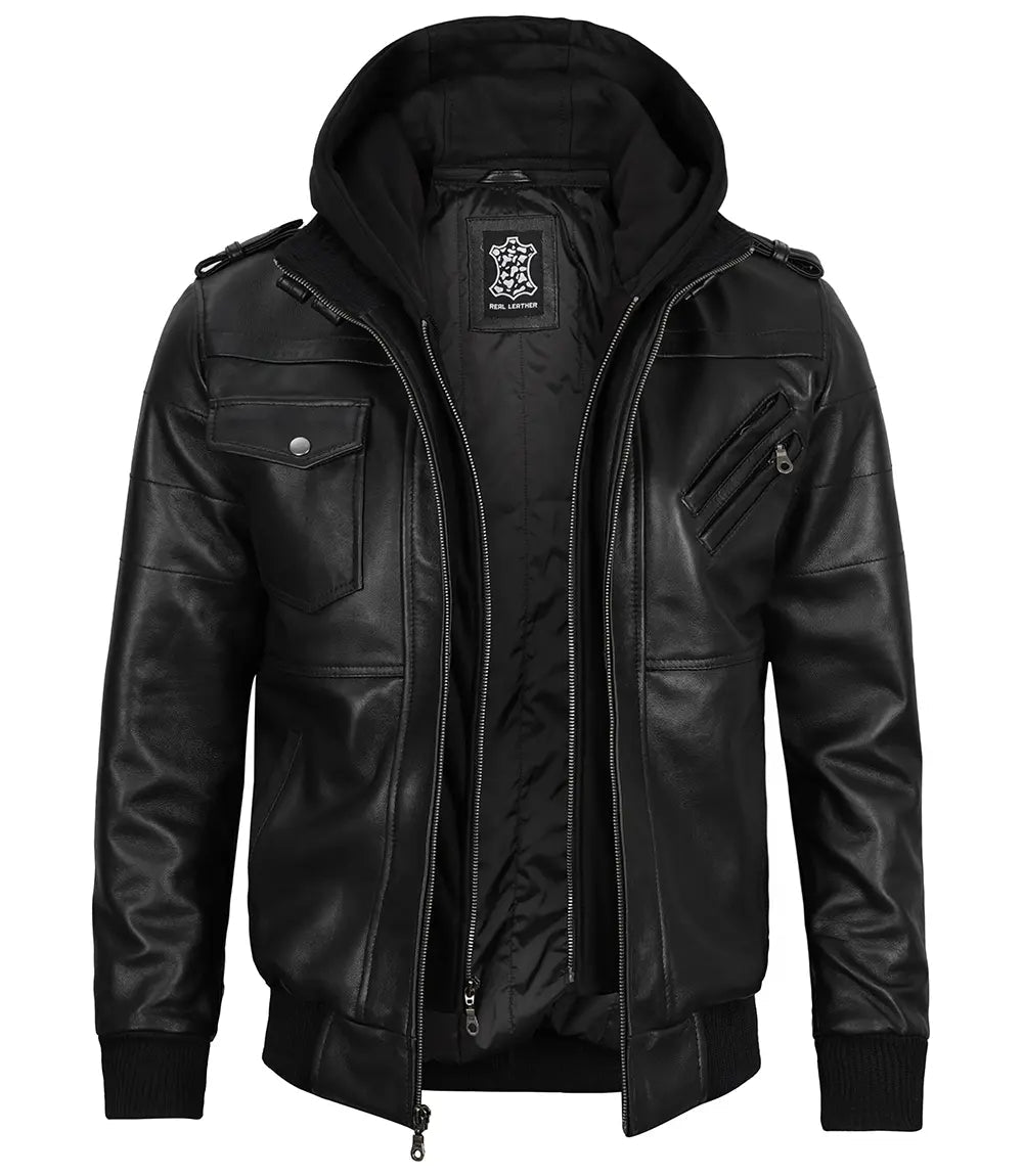 Ronan black hooded leather jacket, detail view — OX & ARMOR