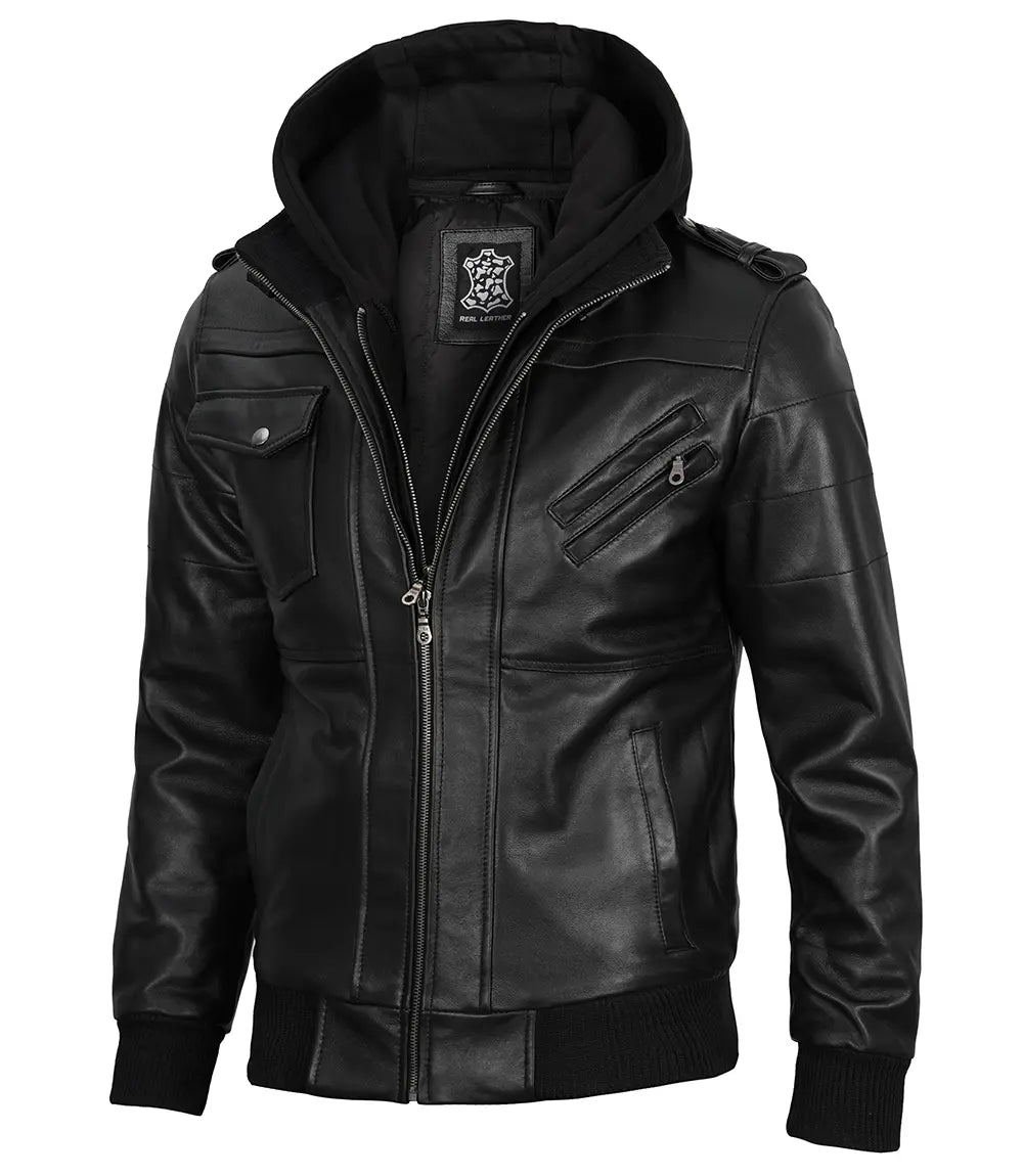 Ronan black hooded leather jacket, hood detail — OX & ARMOR