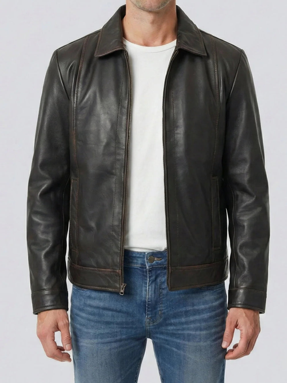 Sawyer brown leather jacket, front view — OX & ARMOR