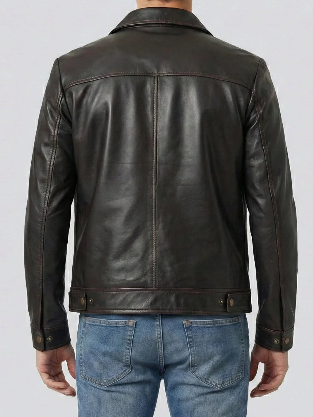 Sawyer brown leather jacket, back view — OX & ARMOR