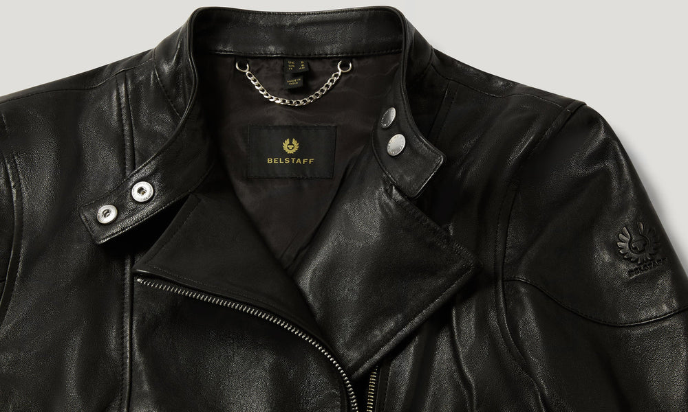 Simone black leather biker jacket, detail view — OX & ARMOR