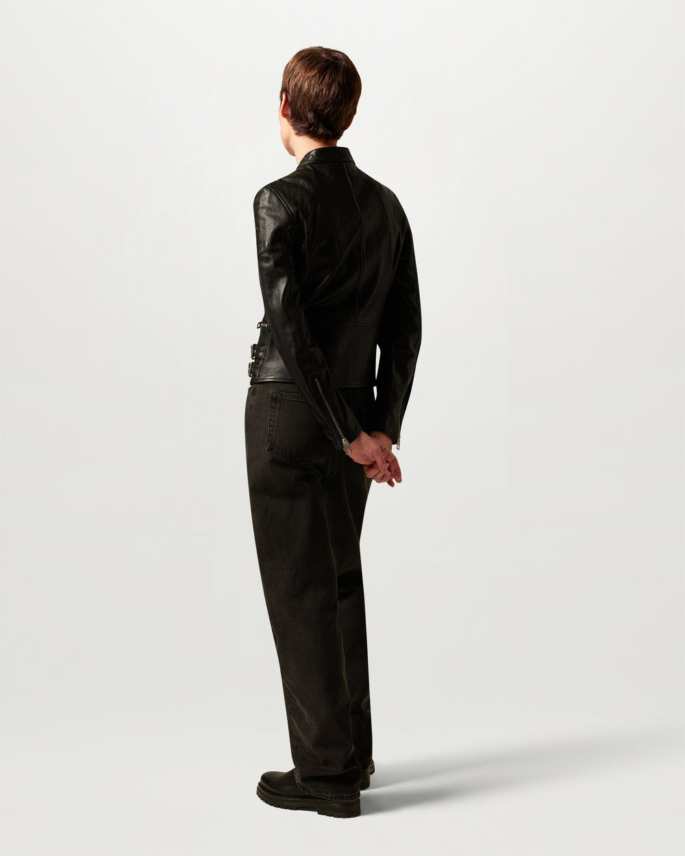 Simone black leather biker jacket, side view — OX & ARMOR