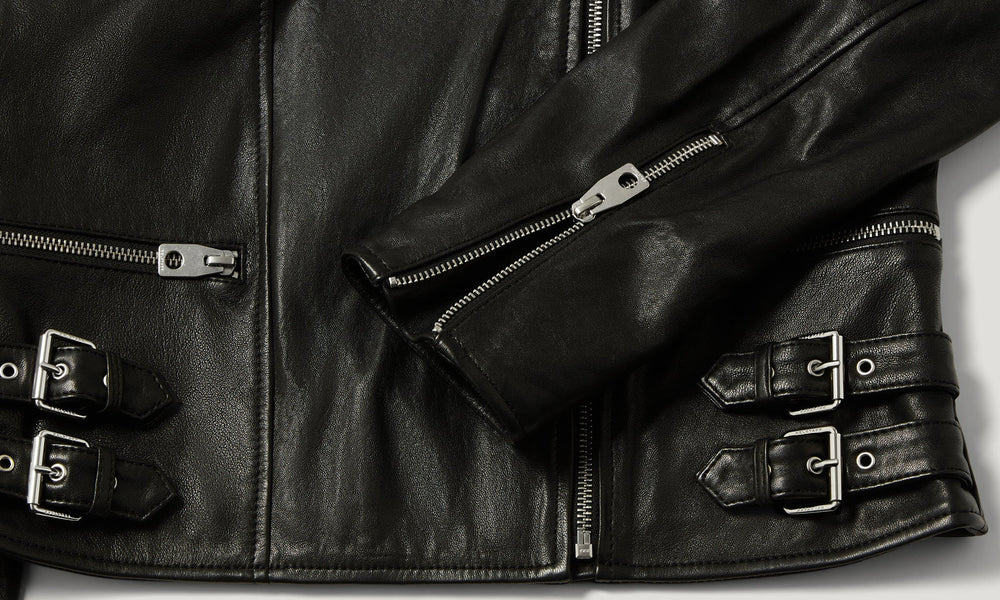Simone black leather biker jacket, detail view — OX & ARMOR
