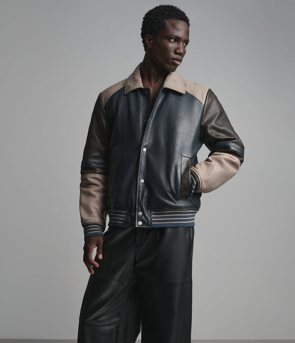 Sinclair Navy &amp; Grey Leather Varsity Jacket