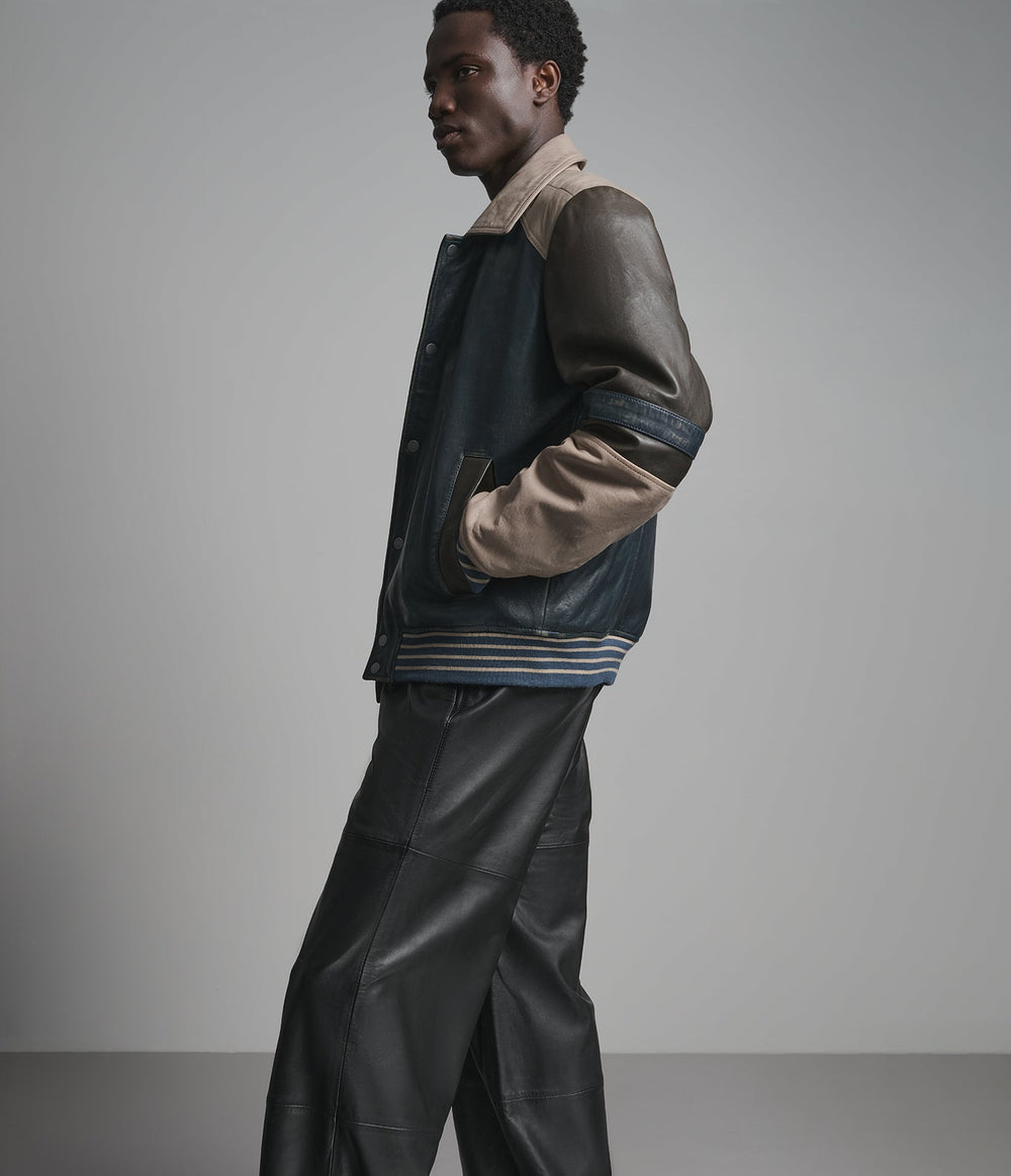 Sinclair navy and grey leather varsity jacket, detail view — OX & ARMOUR