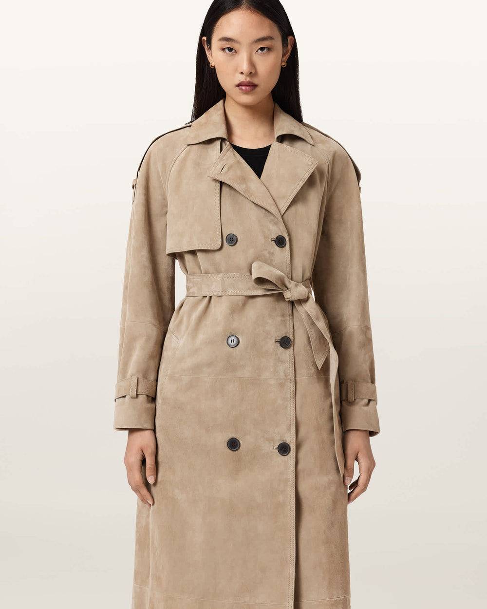 Sylvie taupe suede trench coat, back view — OX & ARMOR