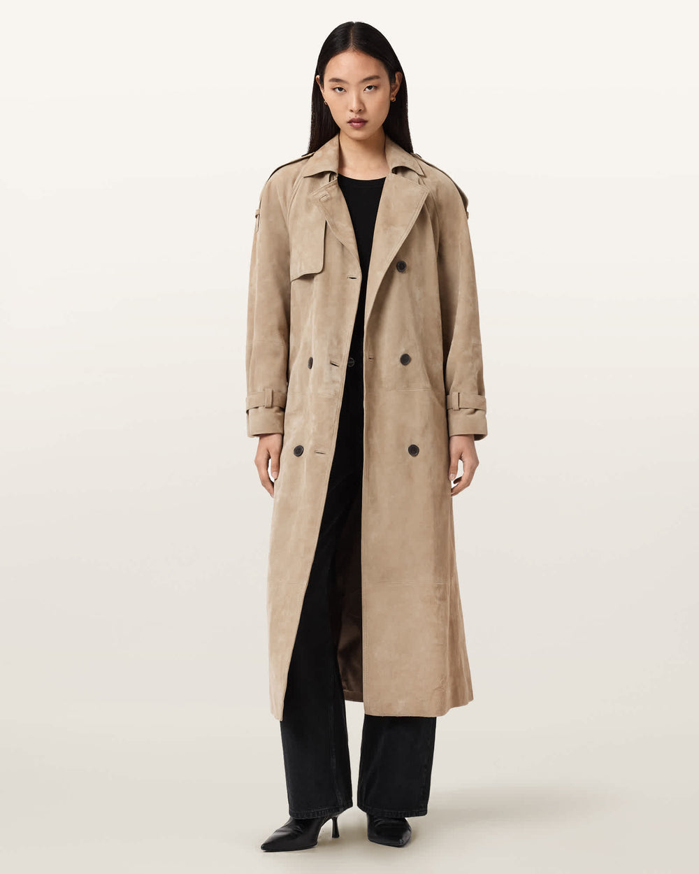 Sylvie taupe suede trench coat, detail view — OX & ARMOR
