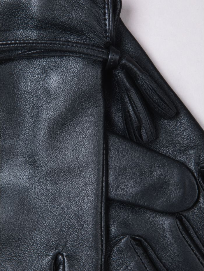 Tarraby black leather gloves with wrist tassel, detail — OX & ARMOR
