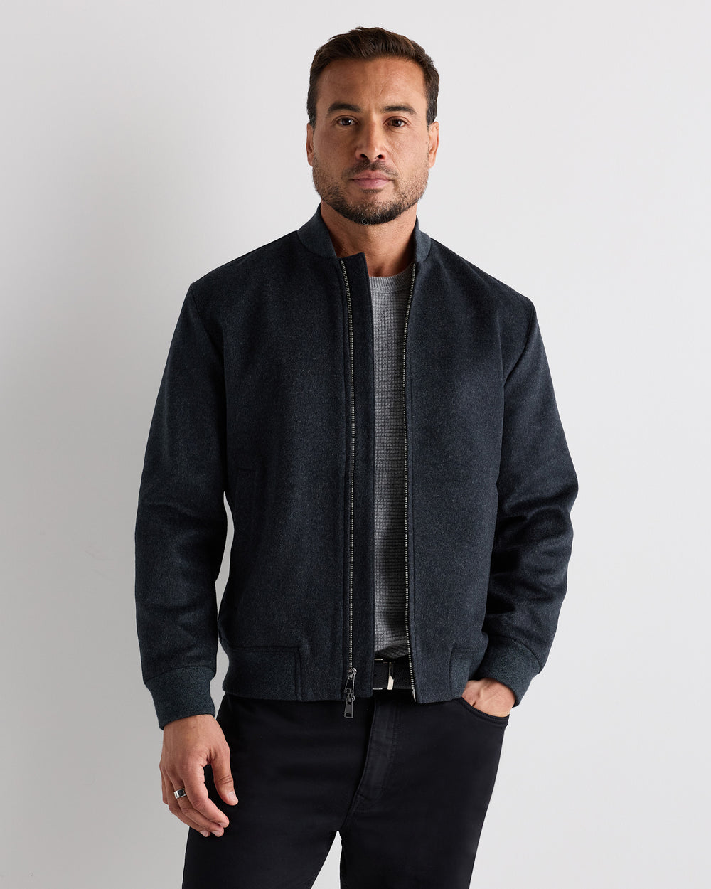 Vaughn grey cashmere bomber jacket, front view — OX & ARMOUR